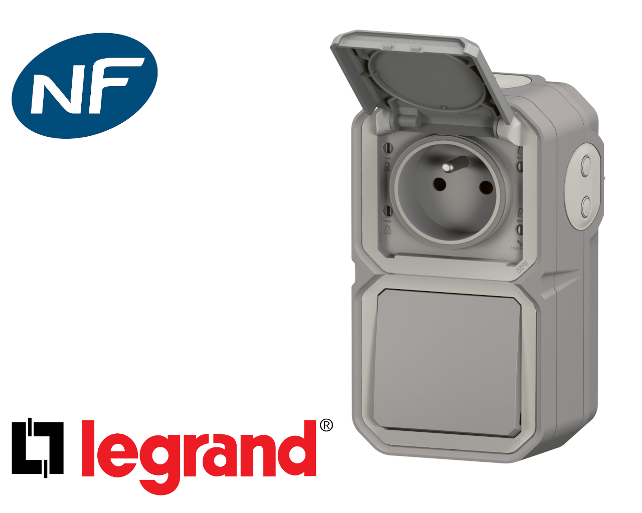 Interrupteur va-et-vient + prise Legrand Plexo™ gris complet